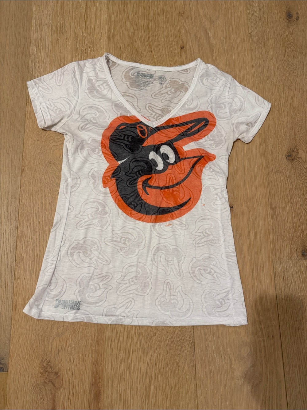Women’s White V‑Neck Short Sleeve Women’s Tee w/ Bold Bird Mascot Graphic size S